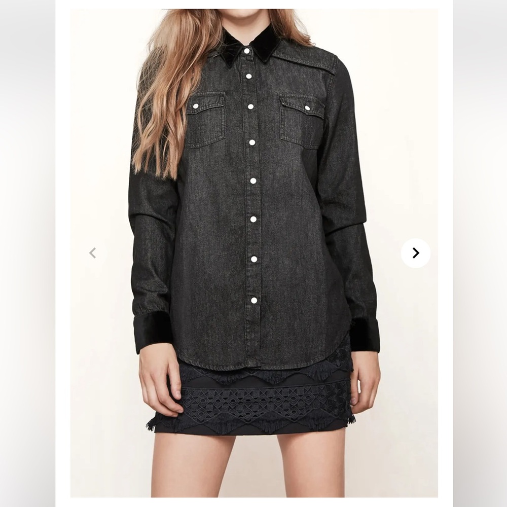 Maje Velvet Trim Western Denim Shirt Pearl Buttons Black Snap Front Top 81
…
